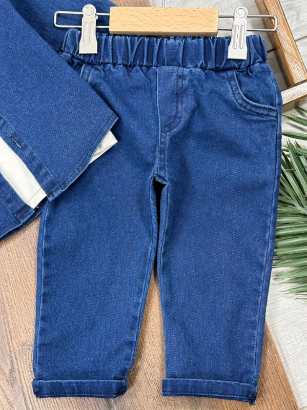 Likralı Kot Önden Düğmeli Kısa Kol Badili 3lü Kot Erkek Bebek/Çocuk Takım