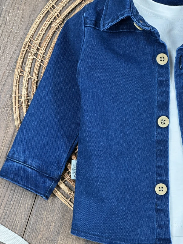 Likralı Kot Önden Düğmeli Kısa Kol Badili 3lü Kot Erkek Bebek/Çocuk Takım