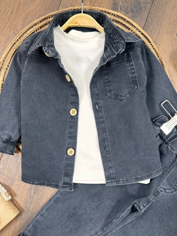 Likralı Kot Önden Düğmeli Kısa Kol Badili 3lü Kot Erkek Bebek/Çocuk Takım