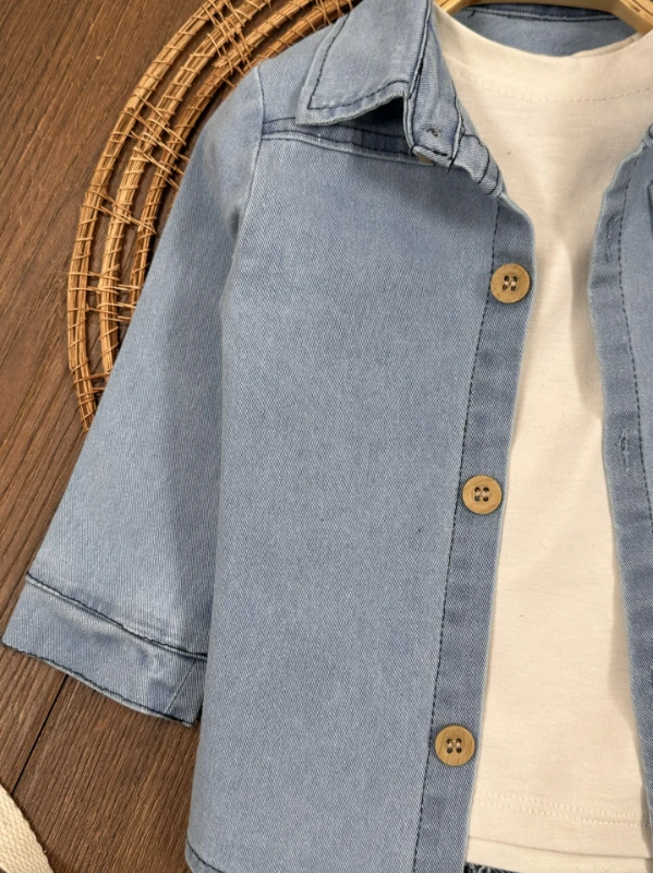 Likralı Kot Önden Düğmeli Kısa Kol Badili 3lü Kot Erkek Bebek/Çocuk Takım