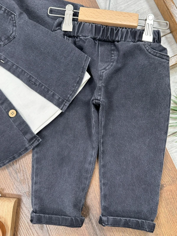 Likralı Kot Önden Düğmeli Kısa Kol Badili 3lü Kot Erkek Bebek/Çocuk Takım