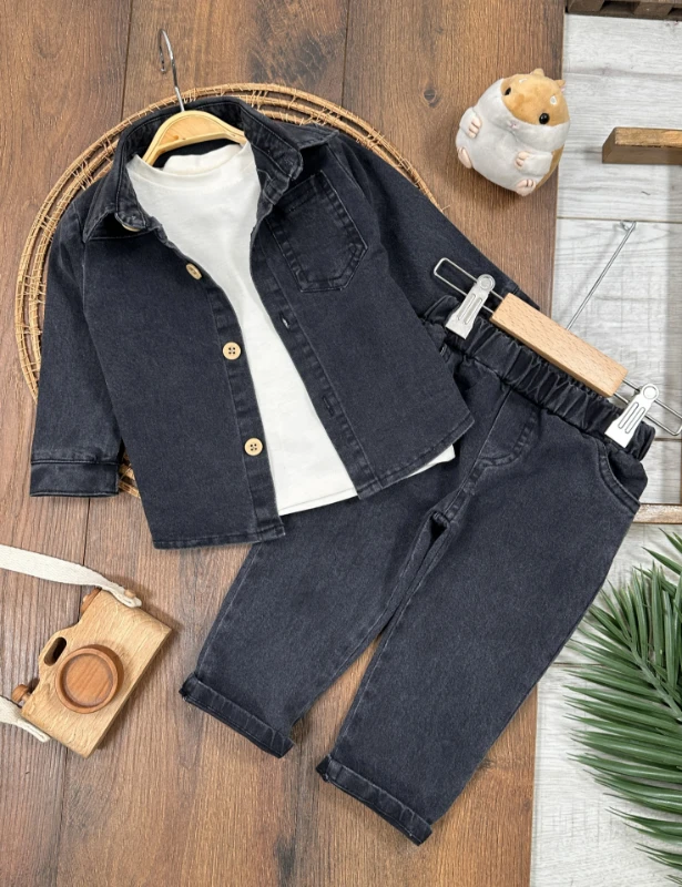 Likralı Kot Önden Düğmeli Kısa Kol Badili 3lü Kot Erkek Bebek/Çocuk Takım