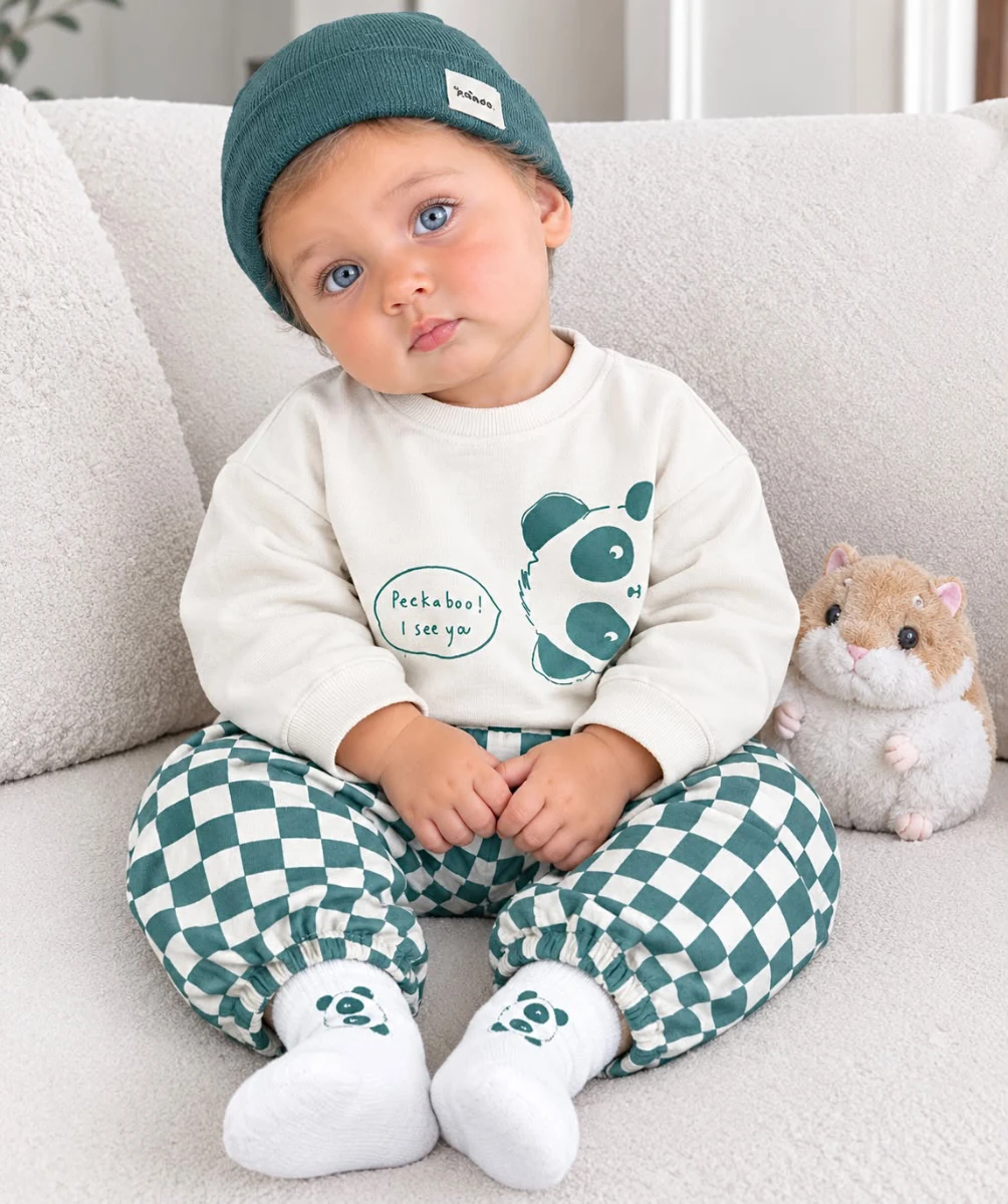 Çoraplı Bereli Ekose Pantolon Animal Baskılı Mevsimlik 4lü Erkek Bebek/Çocuk Takım - TURKUAZ