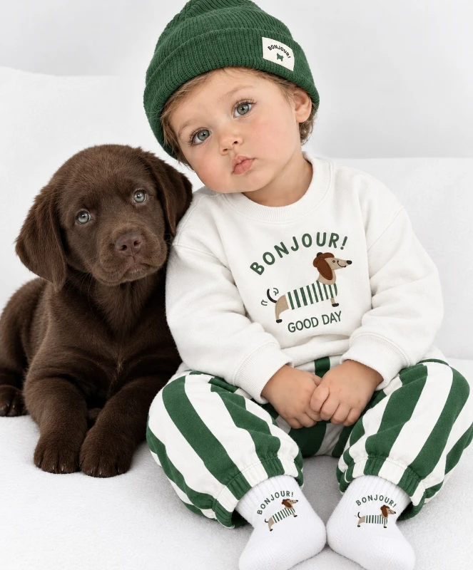  Çoraplı Sevimli Köpek Nakışlı Çizgili Bereli Geniş Kalıp Mevsimlik 4lü Erkek Bebek/Çocuk Takım - YEŞİL