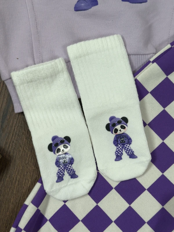 Çoraplı Mrs. Panda Baskılı Kareli Bereli Geniş Kalıp Mevsimlik 4lü Kız Bebek/Çocuk Takım - LİLA