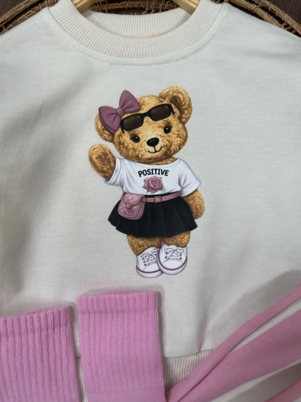  Çoraplı Teddy Ayıcık Baskılı Bereli Geniş Kalıp Mevsimlik 4lü Kız Bebek/Çocuk Takım - PEMBE
