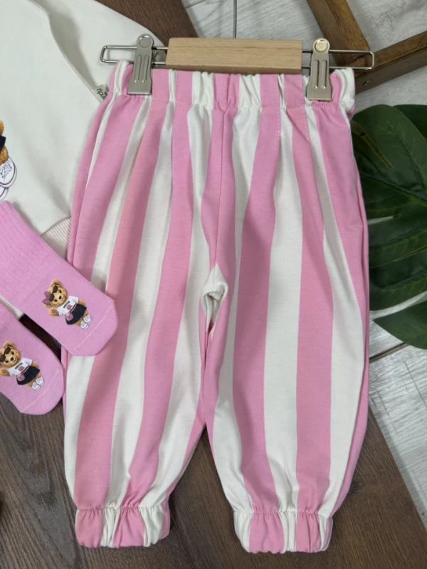 Çoraplı Teddy Ayıcık Baskılı Bereli Geniş Kalıp Mevsimlik 4lü Kız Bebek/Çocuk Takım - PEMBE