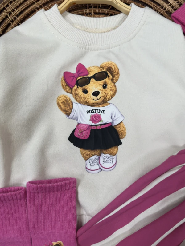  Çoraplı Teddy Ayıcık Baskılı Bereli Geniş Kalıp Mevsimlik 4lü Kız Bebek/Çocuk Takım - FUŞYA