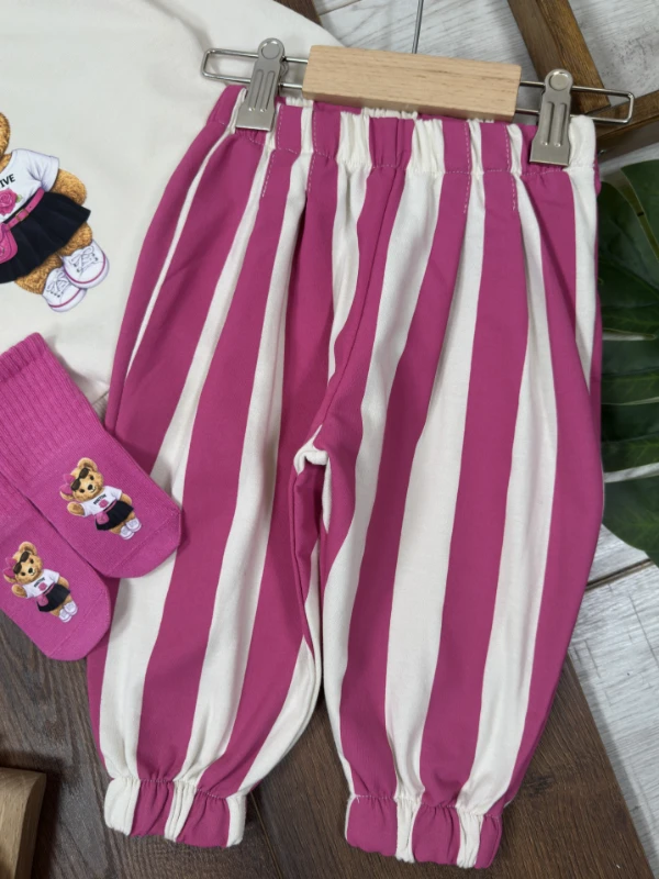  Çoraplı Teddy Ayıcık Baskılı Bereli Geniş Kalıp Mevsimlik 4lü Kız Bebek/Çocuk Takım - FUŞYA
