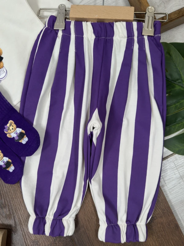  Çoraplı Teddy Ayıcık Baskılı Bereli Geniş Kalıp Mevsimlik 4lü Kız Bebek/Çocuk Takım - MOR