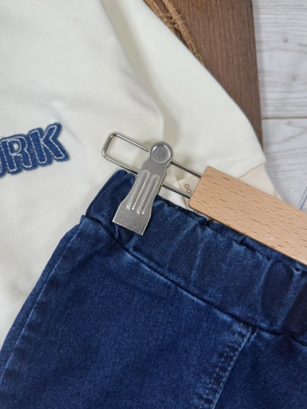Newyork Polo Yaka Nakışlı Sweatshirt Likralı Kot Pantolon 2li Erkek Bebek Takım - EKRU