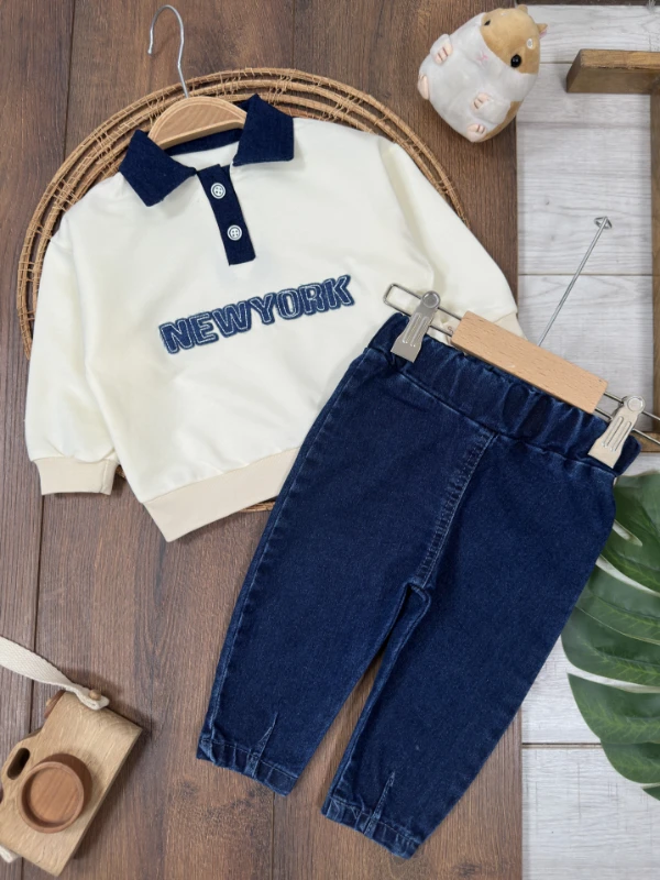 Newyork Polo Yaka Nakışlı Sweatshirt Likralı Kot Pantolon 2li Erkek Bebek Takım - EKRU