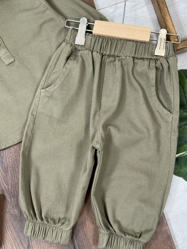 Bohemian Gabardin Şapkalı Geniş Kesim Pantolon Düğmeli Likralı Oversize Mevsimlik 3lü Erkek Bebek/Çocuk Takım - HAKİ YEŞİL