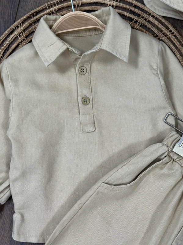 Bohemian Gabardin Şapkalı Geniş Kesim Pantolon Düğmeli Likralı Oversize Mevsimlik 3lü Erkek Bebek/Çocuk Takım - SÜTLÜ KAHVE