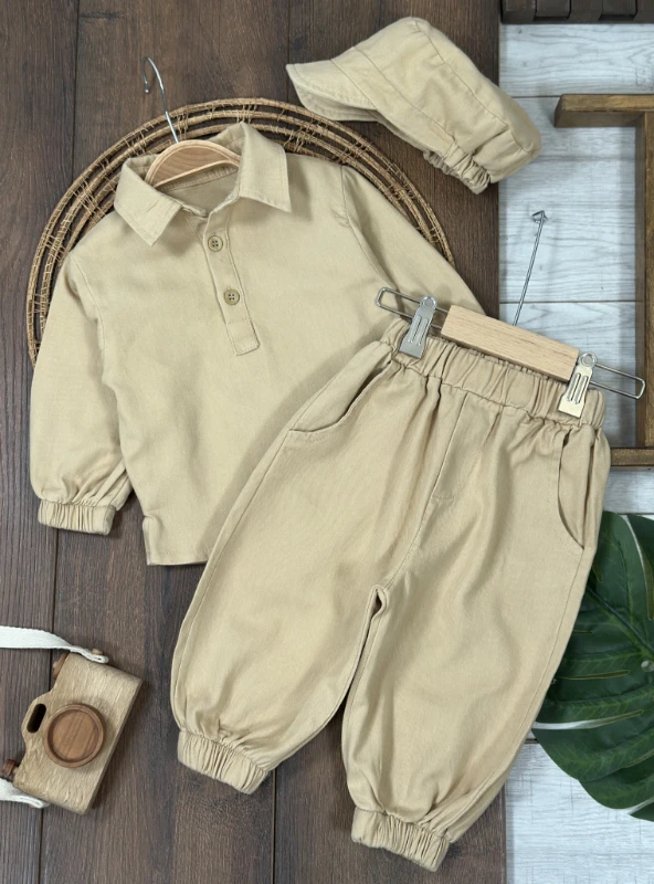 Bohemian Gabardin Şapkalı Geniş Kesim Pantolon Düğmeli Likralı Oversize Mevsimlik 3lü Erkek Bebek/Çocuk Takım - SÜTLÜ KAHVE