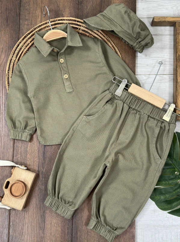 Bohemian Gabardin Şapkalı Geniş Kesim Pantolon Düğmeli Likralı Oversize Mevsimlik 3lü Erkek Bebek/Çocuk Takım - HAKİ YEŞİL