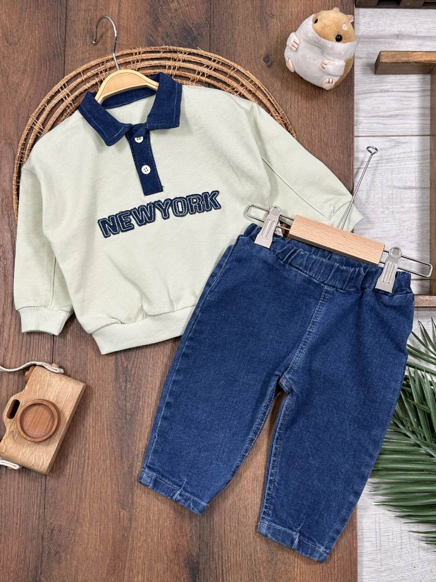 Newyork Polo Yaka Likralı Kot Pantolon Erkek Bebek Takım - YEŞİL