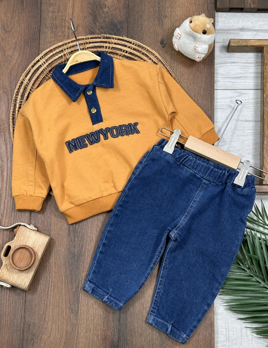 Newyork Polo Yaka Likralı Kot Pantolon Erkek Bebek Takım - HARDAL