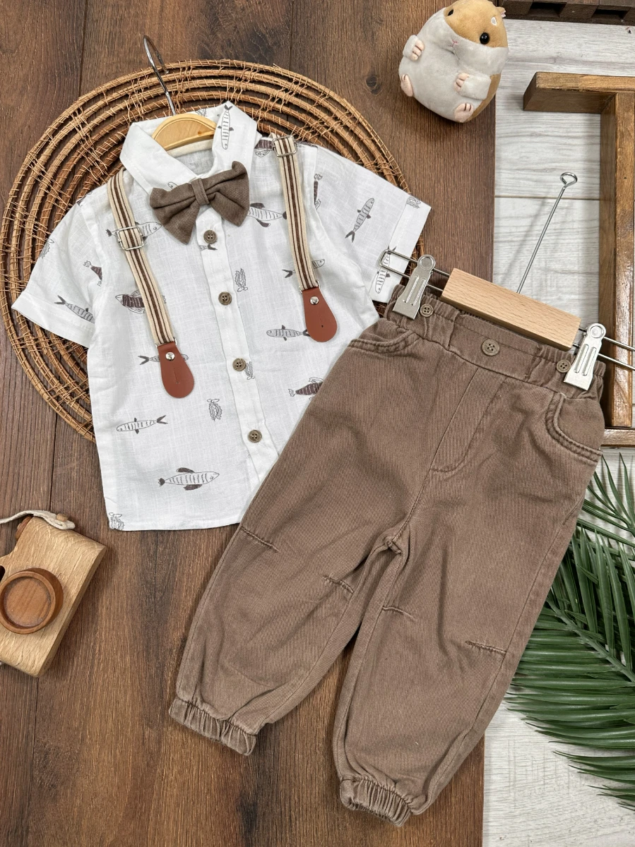 Askı Kemerli Papyonlu Balık Baskılı Keten Yazlık 4lü Erkek Bebek Takım - KAHVE