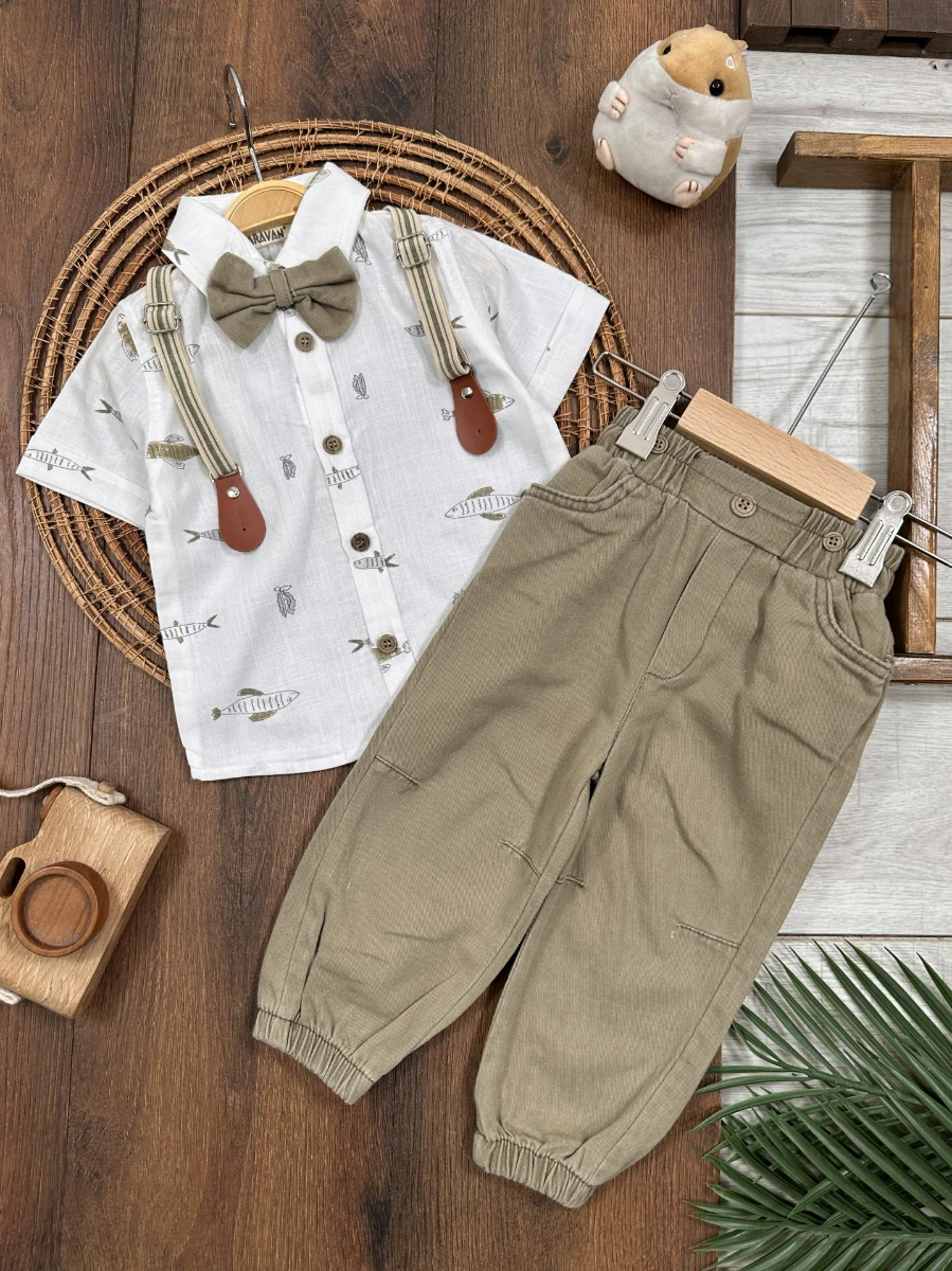 Askı Kemerli Papyonlu Balık Baskılı Keten Yazlık 4lü Erkek Bebek Takım - YEŞİL