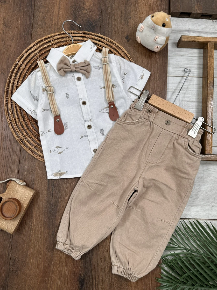 Askı Kemerli Papyonlu Balık Baskılı Keten Yazlık 4lü Erkek Bebek Takım - BEJ