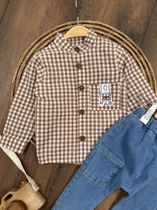 Ekose Kareli Hakim Yaka Gömlek Likralı Kot Pantolon Mevsimlik  Erkek Bebek Takım - KAHVE