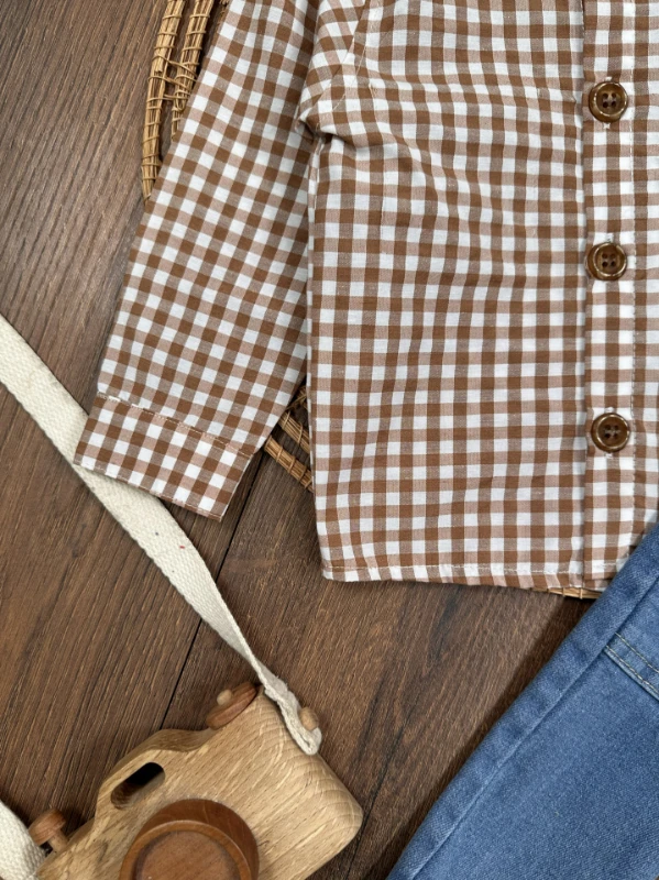 Ekose Kareli Hakim Yaka Gömlek Likralı Kot Pantolon Mevsimlik  Erkek Bebek Takım - KAHVE