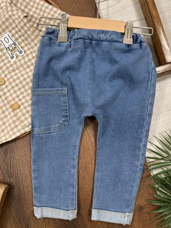 Ekose Kareli Hakim Yaka Gömlek Likralı Kot Pantolon Mevsimlik  Erkek Bebek Takım - KAHVE