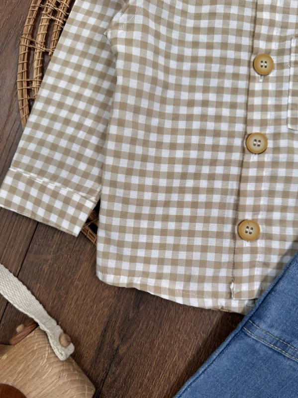 Ekose Kareli Hakim Yaka Gömlek Likralı Kot Pantolon Mevsimlik  Erkek Bebek Takım - KAHVE