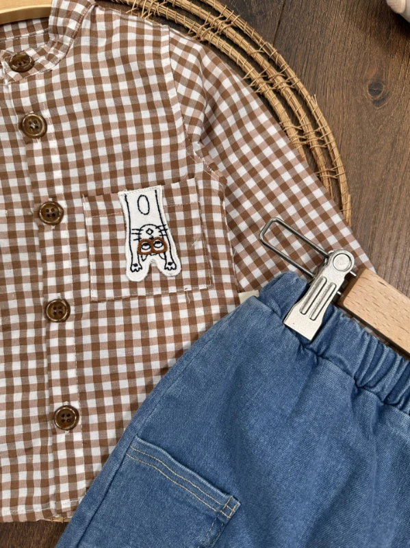 Ekose Kareli Hakim Yaka Gömlek Likralı Kot Pantolon Mevsimlik  Erkek Bebek Takım - KAHVE