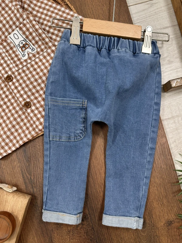 Ekose Kareli Hakim Yaka Gömlek Likralı Kot Pantolon Mevsimlik  Erkek Bebek Takım - KAHVE