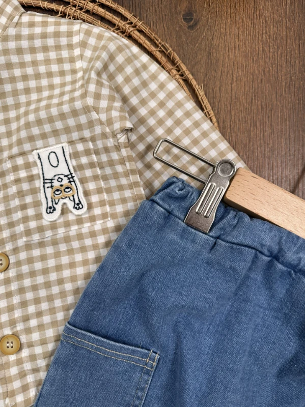 Ekose Kareli Hakim Yaka Gömlek Likralı Kot Pantolon Mevsimlik  Erkek Bebek Takım - KAHVE