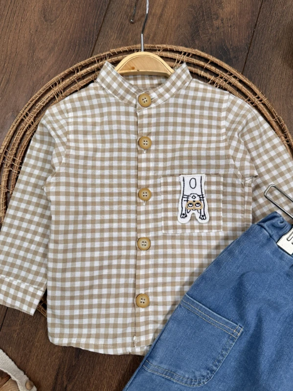 Ekose Kareli Hakim Yaka Gömlek Likralı Kot Pantolon Mevsimlik  Erkek Bebek Takım - KAHVE