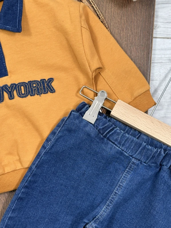 Newyork Polo Yaka Likralı Kot Pantolon Erkek Bebek Takım - HARDAL