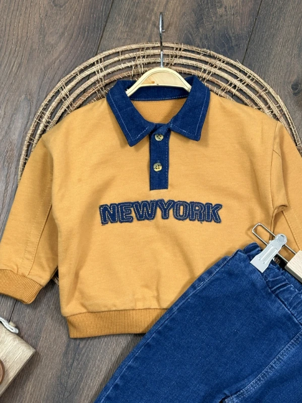 Newyork Polo Yaka Likralı Kot Pantolon Erkek Bebek Takım - HARDAL