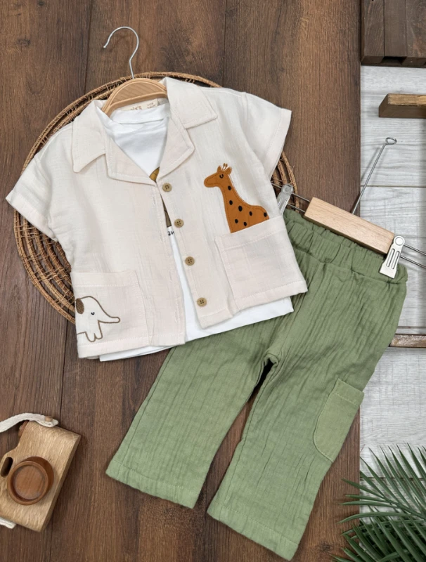 Safari Baskılı Keten Önden Düğmeli Yazlık 3lü Erkek Bebek Takım - LACİVERT