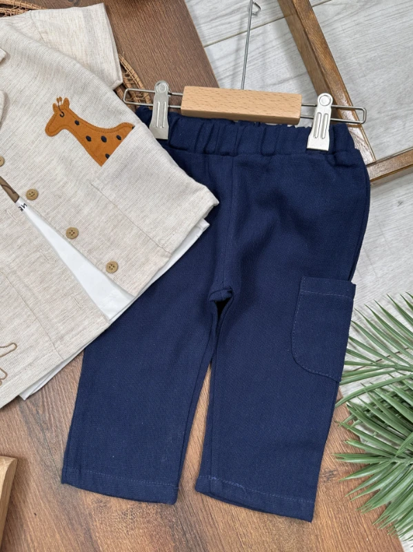 Safari Baskılı Keten Önden Düğmeli Yazlık 3lü Erkek Bebek Takım - LACİVERT