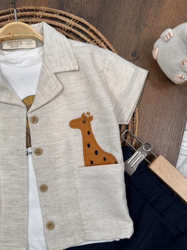 Safari Baskılı Keten Önden Düğmeli Yazlık 3lü Erkek Bebek Takım - LACİVERT