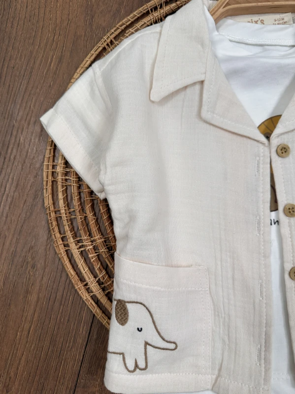 Safari Baskılı Keten Önden Düğmeli Yazlık 3lü Erkek Bebek Takım - LACİVERT