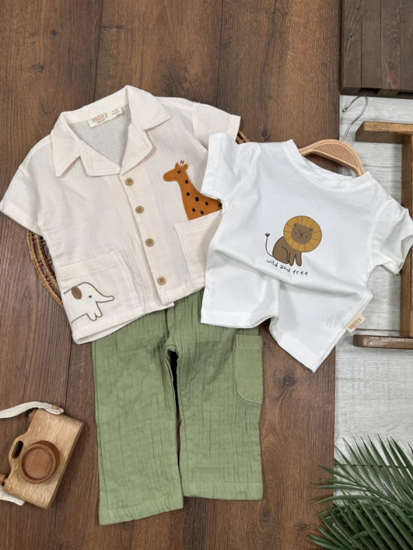 Safari Baskılı Keten Önden Düğmeli Yazlık 3lü Erkek Bebek Takım - YEŞİL