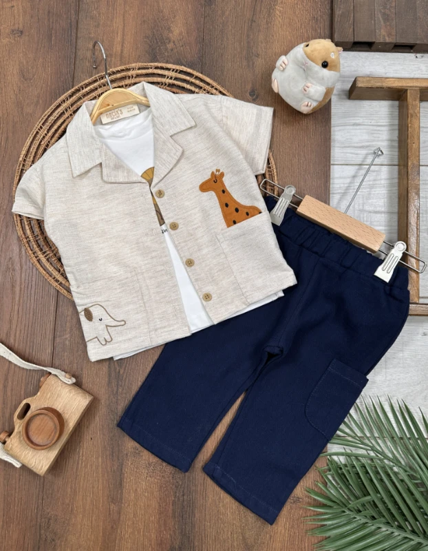 Safari Baskılı Keten Önden Düğmeli Yazlık 3lü Erkek Bebek Takım - LACİVERT