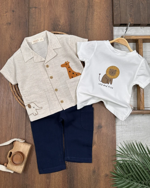 Safari Baskılı Keten Önden Düğmeli Yazlık 3lü Erkek Bebek Takım - LACİVERT