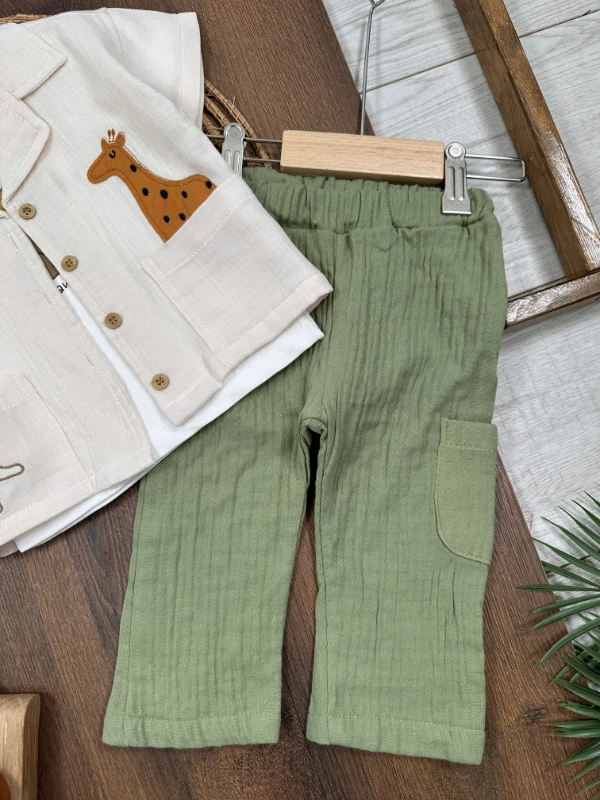 Safari Baskılı Keten Önden Düğmeli Yazlık 3lü Erkek Bebek Takım - LACİVERT