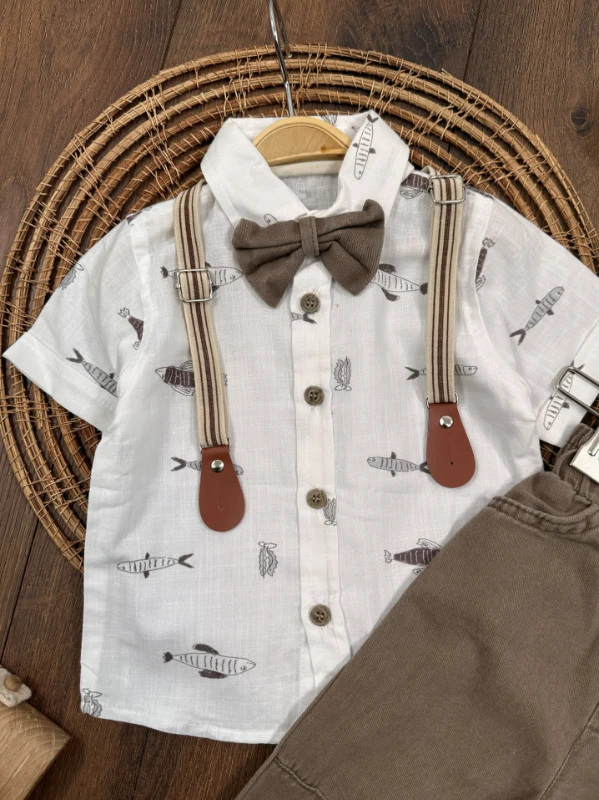 Askı Kemerli Papyonlu Balık Baskılı Keten Yazlık 4lü Erkek Bebek Takım - YEŞİL