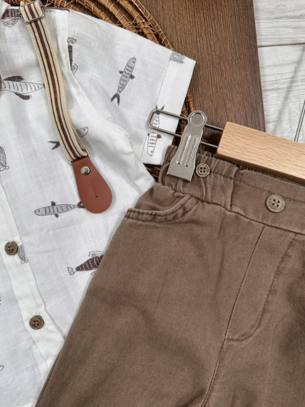 Askı Kemerli Papyonlu Balık Baskılı Keten Yazlık 4lü Erkek Bebek Takım - YEŞİL