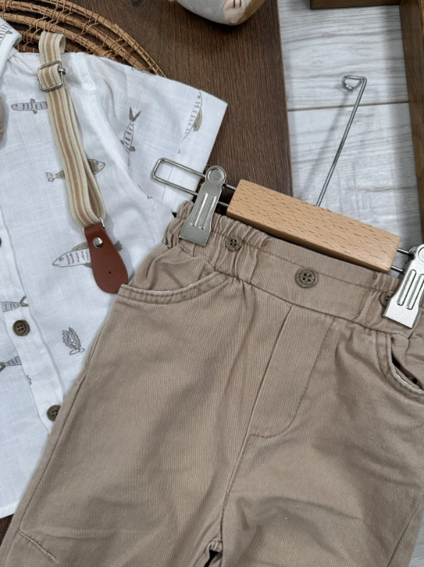 Askı Kemerli Papyonlu Balık Baskılı Keten Yazlık 4lü Erkek Bebek Takım - YEŞİL