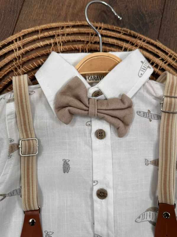 Askı Kemerli Papyonlu Balık Baskılı Keten Yazlık 4lü Erkek Bebek Takım - YEŞİL