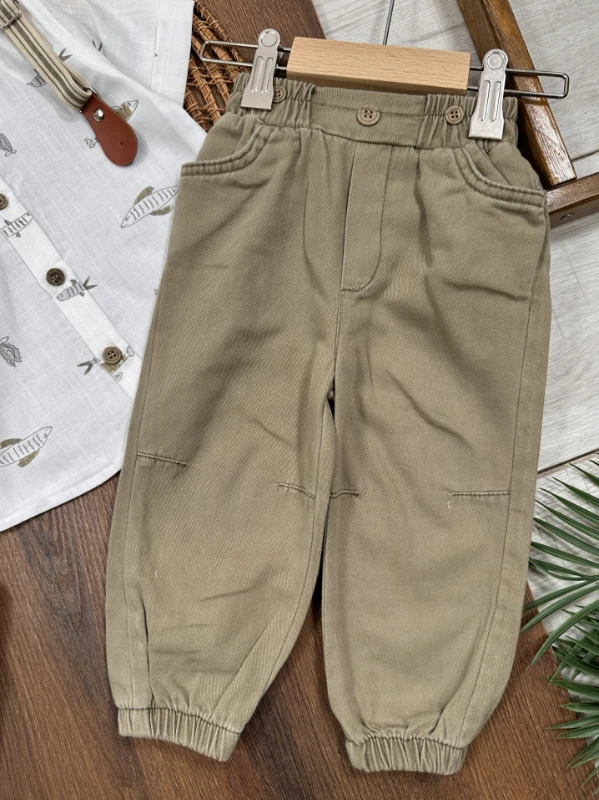 Askı Kemerli Papyonlu Balık Baskılı Keten Yazlık 4lü Erkek Bebek Takım - YEŞİL