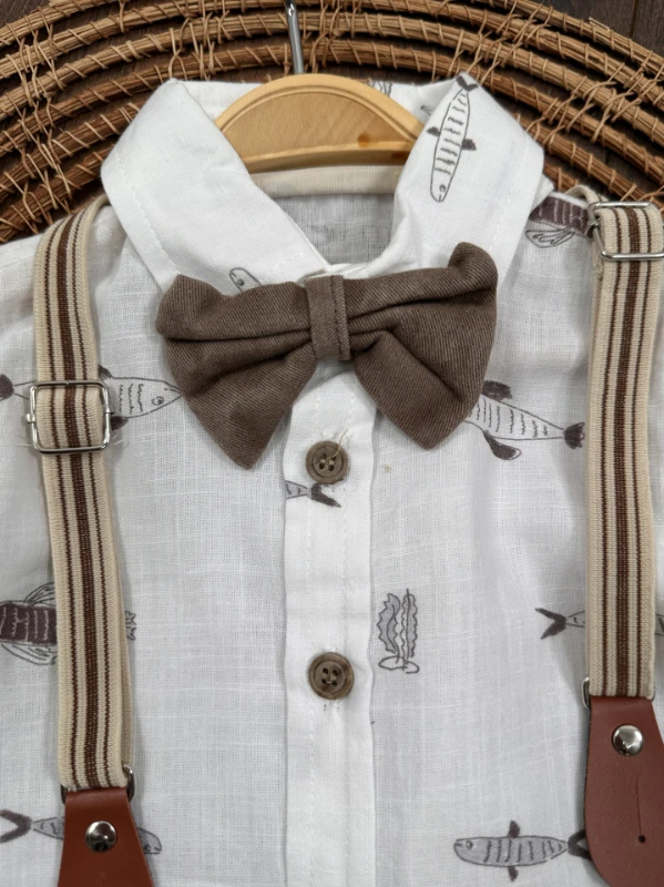 Askı Kemerli Papyonlu Balık Baskılı Keten Yazlık 4lü Erkek Bebek Takım - YEŞİL