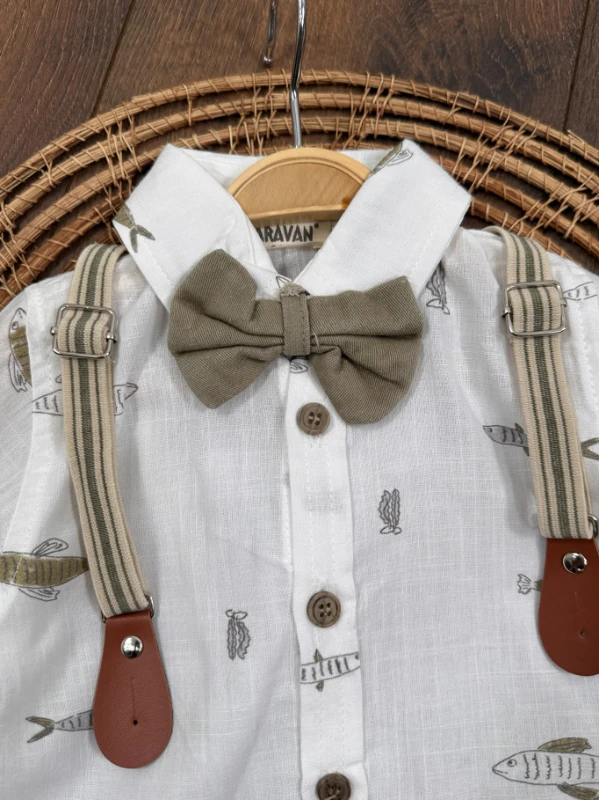 Askı Kemerli Papyonlu Balık Baskılı Keten Yazlık 4lü Erkek Bebek Takım - YEŞİL